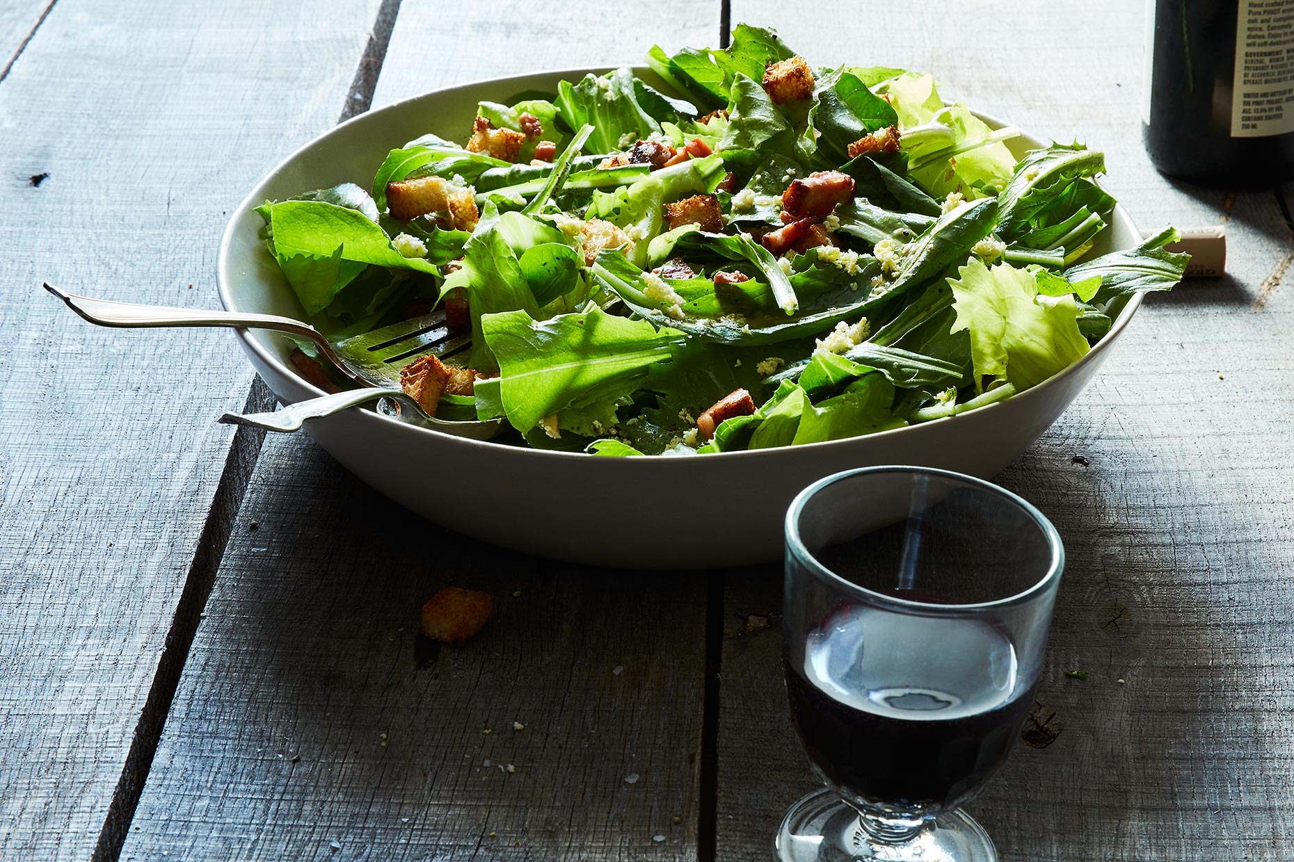 The greens. Chicory Salad. Green Salad with Bacon. Dandelion Greens Salad. Recipe of Swiss Salads.